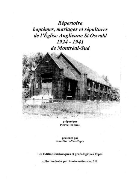 PN-219 - Répertoire des baptêmes, mariages et sépulture de l'Église anglicane St.Oswald 1924-1941 de Montréal-Sud